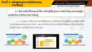 ด้านที่ 2 หลักสูตรและการจัดกิจกรรม
การเรียนรู้
องค์ประกอบที่ 3 สื่อและแหล่งเรียนรู้เกี่ยวกับ
หลักปรัชญาของเศรษฐกิจพอเพียง
3.1 จัดหา/ผลิต/ใช้/เผยแพร่ สื่อการเรียนรู้เพื่อบูรณาการหลักปรัชญาของเศรษฐกิจ
พอเพียงในการจัดกิจกรรมการเรียนรู้
>>> การบูรณาการเรื่องกระบวนการคิดเชิงออกแบบ ซึ่งนาโครงการทฤษฎีใหม่ มาถอดวิธีการคิดใน
การระบุปัญหาตามกระบวนการ 5W1H และการนาตัวอย่างโครงการกังหันน้าชัยพัฒนามาในการช่วยบาบัด
น้าเสียในรายวิชา เทคโนโลยี (วิทยาการคานวณ)
 