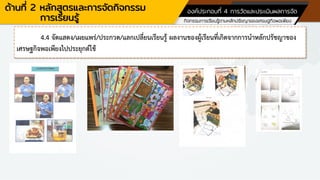 ด้านที่ 2 หลักสูตรและการจัดกิจกรรม
การเรียนรู้
องค์ประกอบที่ 4 การวัดและประเมินผลการจัด
กิจกรรมการเรียนรู้ตามหลักปรัชญาของเศรษฐกิจพอเพียง
4.4 จัดแสดง/เผยแพร่/ประกวด/แลกเปลี่ยนเรียนรู้ ผลงานของผู้เรียนที่เกิดจากการนาหลักปรัชญาของ
เศรษฐกิจพอเพียงไปประยุกต์ใช้
 