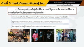 ด้านที่ 3 การจัดกิจกรรมพัฒนาผู้เรียน องค์ประกอบที่ 1 การแนะแนวและ
ระบบดูแลช่วยเหลือผู้เรียน
1.3 มีระบบดูแลช่วยเหลือผู้เรียนให้สามารถแก้ปัญหาและพัฒนาตนเอง ได้อย่าง
สอดคล้องกับหลักปรัชญาของเศรษฐกิจพอเพียง
บุคลากร และผู้เกี่ยวข้อง ทั้งในและนอกสถานศึกษา มีส่วนร่วมในการแนะแนว และดูแลช่วยเหลือผู้เรียน
มีผู้รับผิดชอบดาเนินการอย่างเป็นระบบ ต่อเนื่อง จริงจัง และพัฒนาปรับปรุงอย่างสม่าเสมอ
มีระบบดูแลช่วยเหลือผู้เรียนอย่างเป็นระบบและเป็นขั้นเป็นตอนตามกระบวนการ
 