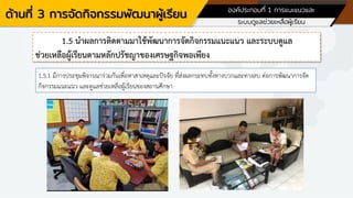 ด้านที่ 3 การจัดกิจกรรมพัฒนาผู้เรียน องค์ประกอบที่ 1 การแนะแนวและ
ระบบดูแลช่วยเหลือผู้เรียน
1.5 นาผลการติดตามมาใช้พัฒนาการจัดกิจกรรมแนะแนว และระบบดูแล
ช่วยเหลือผู้เรียนตามหลักปรัชญาของเศรษฐกิจพอเพียง
1.5.1 มีการประชุมพิจารณาร่วมกันเพื่อหาสาเหตุและปัจจัย ที่ส่งผลกระทบทั้งทางบวกและทางลบ ต่อการพัฒนาการจัด
กิจกรรมแนะแนว และดูแลช่วยเหลือผู้เรียนของสถานศึกษา
 