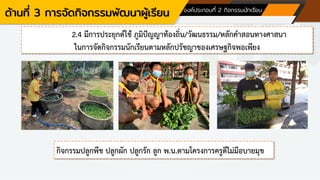 ด้านที่ 3 การจัดกิจกรรมพัฒนาผู้เรียน องค์ประกอบที่ 2 กิจกรรมนักเรียน
2.4 มีการประยุกต์ใช้ ภูมิปัญญาท้องถิ่น/วัฒนธรรม/หลักคาสอนทางศาสนา
ในการจัดกิจกรรมนักเรียนตามหลักปรัชญาของเศรษฐกิจพอเพียง
กิจกรรมปลูกพืช ปลูกผัก ปลูกรัก ลูก พ.น.ตามโครงการครูดีไม่มีอบายมุข
 