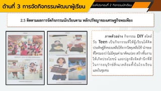 ด้านที่ 3 การจัดกิจกรรมพัฒนาผู้เรียน องค์ประกอบที่ 2 กิจกรรมนักเรียน
2.5 ติดตามผลการจัดกิจกรรมนักเรียนตาม หลักปรัชญาของเศรษฐกิจพอเพียง
ภาพตัวอย่าง กิจกรรม DIY สไตล์
วัย Teen เป็นกิจกรรมที่ให้ผู้เรียนได้คิด
ประดิษฐ์สิ่งของเหลือใช้จากวัสดุเหลือใช้ นาขยะ
ที่ใครมองว่าไม่มีคุณค่ามาดัดแปลง สร้างชิ้นงาน
ให้เกิดประโยชน์ และปลูกฝังจิตสานึกที่ดี
ในการอนุรักษ์สิ่งแวดล้อมทั้งในโรงเรียน
และในชุมชน
 