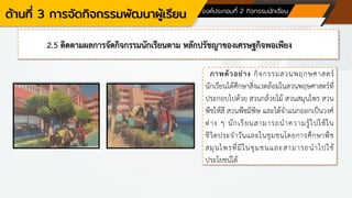 ด้านที่ 3 การจัดกิจกรรมพัฒนาผู้เรียน องค์ประกอบที่ 2 กิจกรรมนักเรียน
2.5 ติดตามผลการจัดกิจกรรมนักเรียนตาม หลักปรัชญาของเศรษฐกิจพอเพียง
ภาพตัวอย่าง กิจกรรมสวนพฤกษศาสตร์
นักเรียนได้ศึกษาสิ่งแวดล้อมในสวนพฤษศาสตร์ที่
ประกอบไปด้วย สวนกล้วยไม้ สวนสมุนไพร สวน
พืชให้สี สวนพืชมีพิษ และได้จาแนกออกเป็นวงศ์
ต่าง ๆ นักเรียนสามารถนาความรู้ไปใช้ใน
ชีวิตประจาวันและในชุมชนโดยการศึกษาพืช
สมุนไพรที่มีในชุมชนและสามารถนาไปใช้
ประโยชน์ได้
 