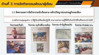 ด้านที่ 3 การจัดกิจกรรมพัฒนาผู้เรียน องค์ประกอบที่ 2 กิจกรรมนักเรียน
2.5 ติดตามผลการจัดกิจกรรมนักเรียนตาม หลักปรัชญาของเศรษฐกิจพอเพียง
ภาพกิจกรรมชุมนุมต่าง ๆ ที่ผู้เรียนได้ลงมือปฏิบัติ สามารถนาความรู้ที่ได้รับไปปรับใช้ในชีวิตประจาวันได้
กิจกรรมสกรีนผ้า กิจกรรม ทาบัญชีออมเงิน กิจกรรม ช่างคอม พ.น.
กิจกรรม อนุรักษ์สิ่งแวดล้อม
 