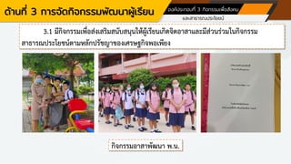 ด้านที่ 3 การจัดกิจกรรมพัฒนาผู้เรียน องค์ประกอบที่ 3 กิจกรรมเพื่อสังคม
และสาธารณประโยชน์
3.1 มีกิจกรรมเพื่อส่งเสริมสนับสนุนให้ผู้เรียนเกิดจิตอาสาและมีส่วนร่วมในกิจกรรม
สาธารณประโยชน์ตามหลักปรัชญาของเศรษฐกิจพอเพียง
กิจกรรมอาสาพัฒนา พ.น.
 