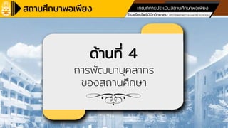 โรงเรียนเครือข่ายศูนย์การเรียนรู้
โรงเรียนโพธินิมิตวิทยาคม (POTINIMITWITTAYAKOM SCHOOL)
ตามหลักปรัชญาของเศรษฐกิจพอเพียง ด้านการศึกษา
เกณฑ์การประเมินสถานศึกษาพอเพียง
ด้านที่ 4
การพัฒนาบุคลากร
ของสถานศึกษา
 