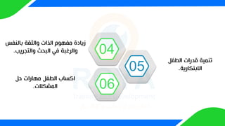 ‫بالنفس‬ ‫والثقة‬ ‫الذات‬ ‫مفهوم‬ ‫زيادة‬
‫والتجريب‬ ‫البحث‬ ‫في‬ ‫والرغبة‬
.
‫الطفل‬ ‫قدرات‬ ‫تنمية‬
‫االبتكارية‬
.
‫حل‬ ‫مهارات‬ ‫الطفل‬ ‫اكساب‬
‫المشكالت‬
.
05
06
04
 