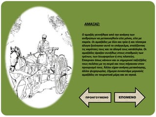 Ο αμαξάς γεννήθηκε από την ανάγκη των
ανθρώπων να μετακινηθούν είτε μόνοι, είτε με
παρέα. Οι αμαξάδες με δύο και τρία ή και τέσσερα
άλογα ξεκίνησαν αυτό το επάγγελμα, στολίζοντας
τις καρότσες τους και τα άλογά τους κατάλληλα. Οι
αμαξάδες άραζαν συνήθως στους σταθμούς των
τρένων, των λεωφορείων ή στις πλατείες.
Έπαιρναν όπως κάνουν και οι σημερινοί ταξιτζήδες
τους πελάτες με τη σειρά και τους πήγαιναν στον
προορισμό τους. Άλλοι είχαν ανάγκη μετακίνησης,
άλλοι ψυχαγωγίας. Σήμερα συναντάμε μερικούς
αμαξάδες σε τουριστικά μέρη και σε νησιά.
ΑΜΑΞΑΣ:
ΕΠΟΜΕΝΟ
ΠΡΟΗΓΟΥΜΕΝΟ
 