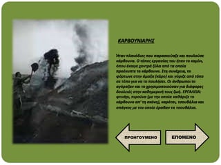 Ήταν πλανόδιος που παρασκεύαζε και πουλούσε
κάρβουνα. Ο τόπος εργασίας του ήταν το καμίνι,
όπου έκαιγε χοντρά ξύλα από τα οποία
προέκυπτε το κάρβουνο. Στη συνέχεια, το
φόρτωνε στην άμαξα (κάρο) και γύριζε από τόπο
σε τόπο για να το πουλήσει. Οι άνθρωποι το
αγόραζαν και το χρησιμοποιούσαν για διάφορες
δουλειές στην καθημερινή τους ζωή. ΕΡΓΑΛΕΙΑ:
φτυάρι, πιρούνα (με την οποία καθάριζε το
κάρβουνο απ' τη σκόνη), καρότσι, τσουβάλια και
σπάγκος με τον οποίο έραβαν τα τσουβάλια.
ΚΑΡΒΟΥΝΙΑΡΗΣ
ΕΠΟΜΕΝΟ
ΠΡΟΗΓΟΥΜΕΝΟ
 