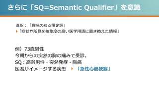 さらに「SQ=Semantic Qualifier」を意識
直訳：「意味のある限定詞」
「症状や所見を抽象度の高い医学用語に置き換えた情報」
例）73歳男性
今朝からの突然の胸の痛みで受診。
SQ：高齢男性・突然発症・胸痛
医者がイメージする疾患 「急性心筋梗塞」
 