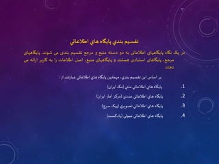 ‫اطالعاتي‬ ‫هاي‬‫پايگاه‬ ‫بندي‬ ‫تقسيم‬
‫در‬
‫یک‬
‫نگاه‬
‫پایگاههای‬
‫اطالعاتی‬
‫به‬
‫دو‬
‫دسته‬
‫منبع‬
‫و‬
‫مرجع‬
‫تقسیم‬
‫بندی‬
‫می‬
‫شوند‬
.
‫پا‬
‫یگاههای‬
،‫مرجع‬
‫پایگاهای‬
‫استنادی‬
‫هستند‬
‫و‬
‫پایگاههای‬
،‫منبع‬
‫اصل‬
‫اطالعات‬
‫ا‬‫ر‬
‫به‬
‫بر‬‫ر‬‫کا‬
‫ا‬
‫ائه‬‫ر‬
‫می‬
‫دهند‬
.
‫از‬ ‫تند‬‫ر‬‫عبا‬ ‫اطالعاتي‬ ‫هاي‬ ‫پايگاه‬‫مهمترين‬،‫بندي‬‫تقسيم‬‫اين‬ ‫اساس‬ ‫بر‬
:
.1
‫متني‬‫اطالعاتي‬ ‫هاي‬‫پايگاه‬
(
‫ان‬‫ر‬‫ای‬ ‫مگ‬
)
.2
‫عددي‬‫اطالعاتي‬ ‫هاي‬‫پايگاه‬
(
‫ان‬‫ر‬‫ای‬ ‫آمار‬ ‫مرکز‬
)
.3
‫ي‬‫تصوير‬‫اطالعاتي‬ ‫هاي‬ ‫پايگاه‬
(
‫سرچ‬‫پیک‬
)
.4
‫صوتي‬‫اطالعاتي‬ ‫هاي‬‫پايگاه‬
(
‫پادکست‬
)
 