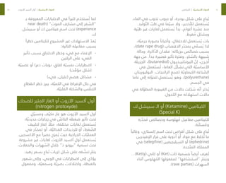 50
51
.‫الماء‬ ‫في‬ ‫تذوب‬ ‫حبوب‬ ‫أو‬ ،‫بودرة‬ ‫شكل‬ ‫على‬ ‫باع‬ ُ‫ي‬
.‫وليد‬ ّ‫الت‬ ّ
‫طب‬ ‫في‬ ‫ما‬ ّ‫سي‬ ‫وال‬ ،‫خدير‬ ّ‫للت‬ ‫ستعمل‬ ُ‫ي‬
‫ية‬ ّ‫طب‬ ‫غير‬ ‫لغايات‬ ‫ستعمل‬ ُ‫ي‬ ‫بدأ‬ ،‫أعوام‬ ‫عشرة‬ ‫منذ‬
.‫فرط‬ ُ
‫م‬ ‫وبشكل‬
،‫ة‬ ّ‫جرمي‬ ‫بصورة‬ ً‫وأحيانا‬ ،‫لالحتفال‬ ‫ستعمل‬ ُ‫ي‬ ‫بات‬
،)date rape drug( ‫االغتصاب‬ ‫ر‬ ّ
‫بمخد‬ ‫ى‬ ّ
‫سم‬ ُ‫ي‬ ‫لذا‬
‫وحالة‬ ،‫اكرة‬ ّ
‫الذ‬ ‫فقدان‬ :‫جزيئاته‬ ‫خصائص‬ ‫بسبب‬
‫جهة‬ ‫من‬ .ً‫جدا‬ ‫قصيرة‬ ‫تأثير‬ ‫وفترة‬ ،‫كر‬ ُ
‫بالس‬ ‫شبيهة‬
‫الجـزيئة‬ ،)butanediol( ‫البـوتـانـيــديـول‬ ّ
‫إن‬ ،‫خــرى‬ُ‫أ‬
‫في‬ ‫عمل‬ َ‫ست‬ ُ‫ت‬ ،‫الغاما‬ ‫ّل‬‫ك‬‫تش‬ ‫التي‬ ‫ة‬ ّ‫األساسي‬
‫البوليوريتان‬ ،‫الراتنجات‬ ‫(صنع‬ ‫ة‬ ّ‫الكيماوي‬ ‫ناعة‬ ّ
‫الص‬
‫غاما‬ ‫إلى‬ ‫له‬ ّ
‫لتحو‬ ‫ستعمل‬ ُ‫ي‬ ‫وهو‬ ،)polyurethane(
.‫الجسم‬ ‫في‬
‫في‬ ‫لة‬ ّ
‫المطو‬ ‫الغيبوبة‬ ‫من‬ ‫حاالت‬ ‫لت‬ ّ
‫ج‬ ُ
‫س‬ ‫ه‬ ّ‫أن‬ ‫ذكر‬ ُ‫ي‬
.‫الكحول‬ ‫مع‬ ‫استهالكه‬ ‫حاالت‬
‫ك‬ ‫سبيشل‬ ‫الـ‬ ‫أو‬ )Ketamine( ‫الكيتامين‬
)Special K(
‫رة‬ ّ
‫خد‬ ُ
‫م‬ ‫وخصائص‬ ‫هلوسة‬ ُ
‫م‬ ‫مفاعيل‬ ‫للكيتامين‬
.‫ّنة‬‫ك‬‫س‬ ُ
‫وم‬
ً‫وغالبا‬ ،‫إكستازي‬ ‫اسم‬ ‫تحت‬ ‫أقراص‬ ‫شكل‬ ‫على‬ ‫باع‬ ُ‫ت‬
‫اإلفيدرين‬ ‫غرار‬ ‫على‬ ‫أدوية‬ ‫أو‬ ‫مواد‬ ‫مع‬ ‫خلط‬ ُ‫ت‬ ‫ما‬
‫في‬ )selegifine( ‫السيليجيفين‬ ‫أو‬ )ephedrine(
.‫حدة‬ ّ‫المت‬ ‫المملكة‬
…)Ketty( ‫كاتي‬ ‫أو‬ )Ket( ‫كات‬ ‫بتسمية‬ ً‫أيضا‬ ‫عرف‬ ُ‫ت‬
‫أثناء‬ ‫هلوس‬ ُ
‫الم‬ ‫لمفعولها‬ ”‫“استنشاقها‬ ّ
‫ويتم‬
.)rave parties( ‫السهرات‬
‫بـ‬ ‫المعروفة‬ ‫االختبارات‬ ‫في‬ ً‫كثيرا‬ ‫م‬ َ
‫ستخد‬ ُ‫ت‬ ‫كما‬
near death( ”‫الموت‬ ‫مشارف‬ ‫إلى‬ ‫فر‬ ّ
‫“الس‬
‫سبيشل‬ ‫أو‬ ‫ك‬ ‫فيتامين‬ ‫اسم‬ ‫تحت‬ )experience
.‫ك‬
ً‫خطرا‬ ‫للكيتامين‬ ‫المشروع‬ ‫غير‬ ‫االستهالك‬ ّ
‫عد‬ ُ‫ي‬
:‫التالية‬ ‫مفاعيله‬ ‫بسبب‬
-
-
‫تأثير‬ ‫بسبب‬ ‫االختناق‬ ‫وخطر‬ ‫قيء‬ ‫مع‬ ‫اإلغماء‬
‫الرئتين‬ ‫على‬ ‫القيء‬
-
-
‫ة‬ ّ‫عصبي‬ ‫أو‬ )‫ذعر‬ ‫نوبات‬ ،‫(قلق‬ ‫ة‬ ّ‫نفسي‬ ‫اضطرابات‬
)‫ت‬ ّ
‫مؤق‬ ‫(شلل‬
-
-
)‫قيء‬ ،‫(غثيان‬ ‫هضم‬ ‫مشاكل‬
‫انقطاع‬ ‫خطر‬ ‫يبرز‬ ،‫ة‬ ّ‫الكمي‬ ‫في‬ ‫اإلفراط‬ ‫حال‬ ‫في‬
.‫ة‬ ّ‫القلبي‬ ‫كتة‬ ّ
‫والس‬ ‫س‬ ّ
‫التنف‬
‫للضحك‬ ‫المثير‬ ‫الغاز‬ ‫أو‬ ‫اآلزوت‬ ‫أكسيد‬ ‫أول‬
)nitrogen protoxyde(
‫ل‬ ّ‫ومسي‬ ‫ف‬ ّ‫مكي‬ ‫غاز‬ ‫هو‬ ‫اآلزوت‬ ‫أكسيد‬ ‫أول‬
.‫ة‬ ّ‫حديدي‬ ‫زجاجات‬ ‫في‬ ّ
‫الخاص‬ ‫ضغطه‬ ‫تأثير‬ ‫تحت‬
‫لتكييف‬ ‫كغاز‬ ً
‫مثال‬ ،‫مختلفة‬ ‫لغايات‬ ‫ستعمل‬ ُ‫ي‬
‫في‬ ‫ر‬ ّ
‫كمخد‬ ‫أو‬ ،‫ة‬ ّ‫الغذائي‬ ‫للرذيذات‬ ‫أو‬ ،‫غط‬ ّ
‫الض‬
.‫األكسجين‬ ‫مع‬ ً‫حصرا‬ ‫مزج‬ ُ‫ي‬ ‫حيث‬ ‫الجراحية‬ ‫ات‬ ّ‫العملي‬
‫مشروعة‬ ‫غير‬ ‫لغايات‬ ‫اآلزوت‬ ‫أكسيد‬ ‫أول‬ ‫ستعمل‬ ُ‫ي‬
.‫والحفالت‬ ‫هرات‬ ّ
‫الس‬ ‫خالل‬ ”‫ذ‬ ‫“بروتو‬ ‫تسمية‬ ‫تحت‬
.‫زهيد‬ ‫بسعر‬ ‫باع‬ ُ‫ت‬ ‫كريات‬ ‫شكل‬ ‫على‬ ‫قه‬ ّ
‫تنش‬ ّ
‫يتم‬
‫شعور‬ ‫وإلى‬ ،‫الوعي‬ ‫في‬ ‫اضطرابات‬ ‫إلى‬ ‫ي‬ ّ
‫يؤد‬
‫ومفعول‬ ،‫ة‬ ّ‫وسمعي‬ ‫ة‬ ّ‫بصري‬ ‫واختالالت‬ ،‫بالغبطة‬
‫اآلزوت‬ ‫أكسيد‬ ‫أول‬ | ‫ة‬ ّ‫األساسي‬ ‫المواد‬ ‫الكيتامين‬ | ‫ة‬ ّ‫األساسي‬ ‫المواد‬
 