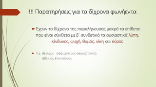 !!! Παρατηρήσεις για τα δίχρονα φωνήεντα
 Έχουν το δίχρονο της παραλήγουσας μακρό τα επίθετα:
που είναι σύνθετα με β΄ συνθετικό τα ουσιαστικά λύπη,
κίνδυνος, ψυχή, θυμός, νίκη και κύρος
 π.χ. εὒψυχος (εὐψυχότερος-εὐψυχότατος),
εὒθυμος, ἐπικίνδυνος
 