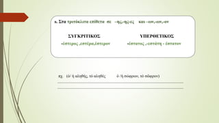Β. Στα τριτόκλιτα επίθετα σε –ης,-ης-ες και –ων,-ων,-ον
ΣΥΓΚΡΙΤΙΚΟΣ ΥΠΕΡΘΕΤΙΚΟΣ
-έστερος ,εστέρα,έστερον -έστατος ,-εστάτη - έστατον
πχ. (ὁ/ ἡ αληθής, τό αληθές ὁ /ἡ σώφρων, τό σῶφρον)
...........................................................................................................................
...........................................................................................................................
 