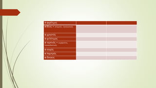 ὁ ὠφέλιμος
ὁ ἴδιος = ατομικός , προσωπικός
ὁ χρηστός
ὁ φιλότιμος
ὁ τερπνός = ευχάριστος,
διασκεδαστικός
ὁ σοφός
ὁ λαμπρός
ὁ δίκαιος
 