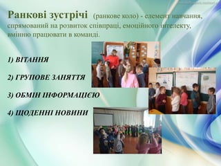 1) ВІТАННЯ
2) ГРУПОВЕ ЗАНЯТТЯ
3) ОБМІН ІНФОРМАЦІЄЮ
4) ЩОДЕННІ НОВИНИ
Ранкові зустрічі (ранкове коло) - елемент навчання,
спрямований на розвиток співпраці, емоційного інтелекту,
вмінню працювати в команді.
 