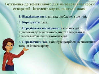 Готуючись до тематичного дня на основі власноруч
створеної Інтелект-карти, вчитель може:
1. Відслідковувати, що вже зроблено, а що – ні.
2. Коригувати план.
3. Передбачати послідовність власних дій з
підготовки до тематичного дня та слідкувати за
планом виконання підготовчих дій.
4. Передбачити час, який буде потрібен на виконання
того чи іншого кроку.
 