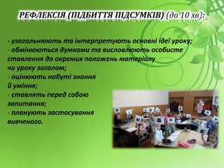 РЕФЛЕКСІЯ (ПІДБИТТЯ ПІДСУМКІВ) (до 10 хв):
- узагальнюють та інтерпретують основні ідеї уроку;
- обмінюються думками та висловлюють особисте
ставлення до окремих положень матеріалу
чи уроку загалом;
- оцінюють набуті знання
й уміння;
- ставлять перед собою
запитання;
- планують застосування
вивченого.
 