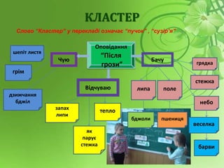 Оповідання
“Після
грози”
Чую Бачу
Відчуваю
грім
дзижчання
бджіл
як
парує
стежка
шепіт листя
запах
липи
стежка
тепло
веселка
липа
пшениця
поле
бджоли
барви
небо
грядка
КЛАСТЕР
Слово “Кластер” у перекладі означає “пучок” , “сузір’я”
 