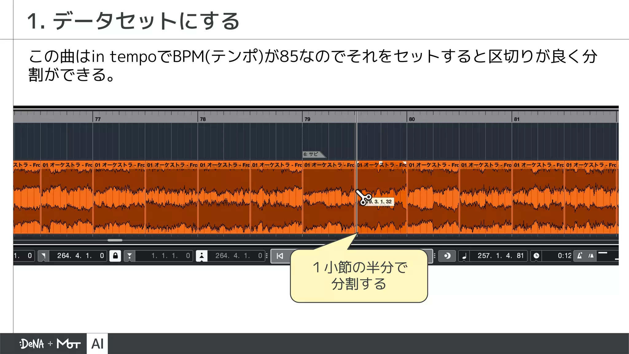 この曲はin tempoでBPM(テンポ)が85なのでそれをセットすると区切りが良く分
割ができる。
１小節の半分で
分割する
1. データセットにする
 