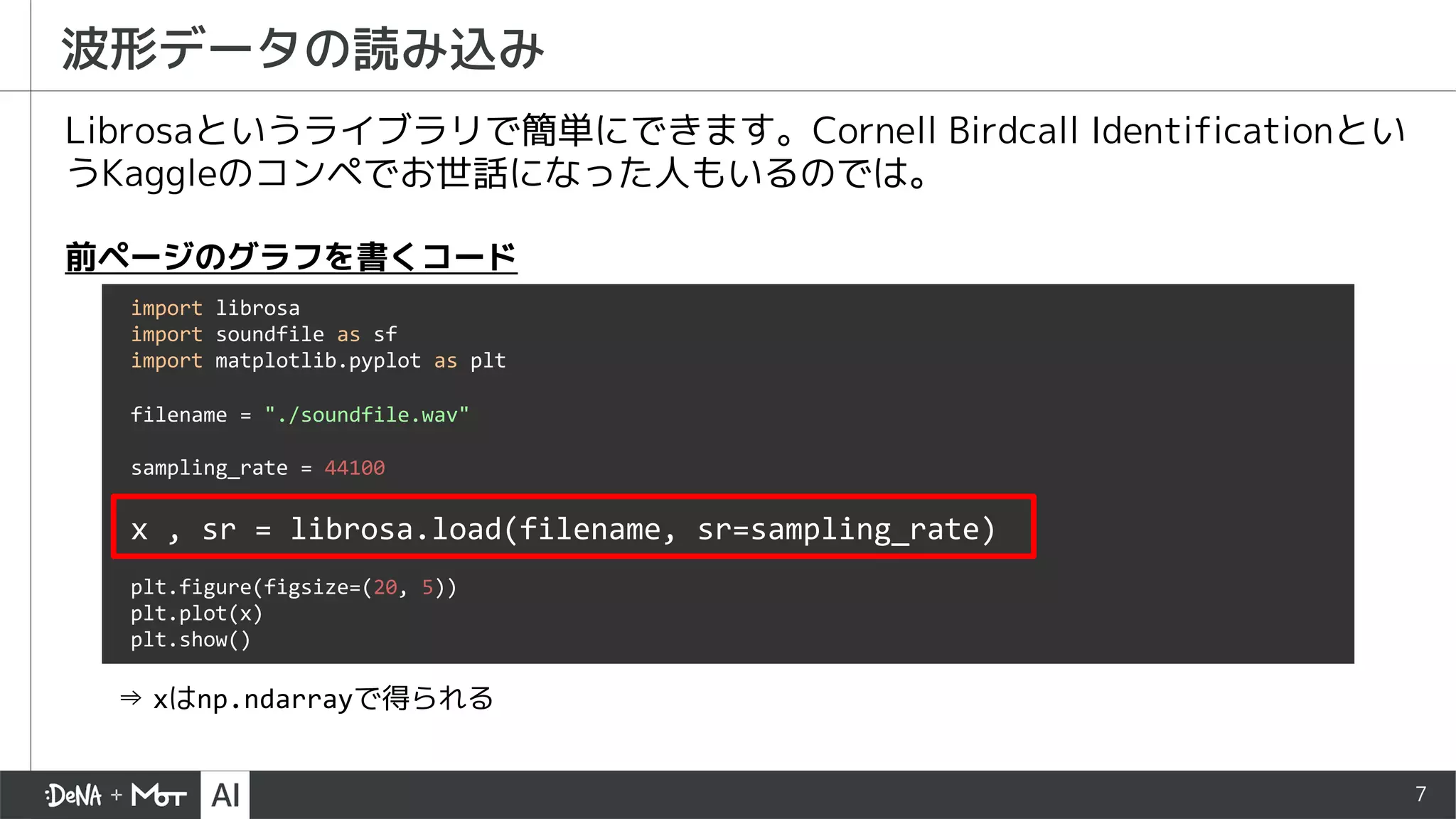 7
波形データの読み込み
Librosaというライブラリで簡単にできます。Cornell Birdcall Identificationとい
うKaggleのコンペでお世話になった人もいるのでは。
import librosa
import soundfile as sf
import matplotlib.pyplot as plt
filename = "./soundfile.wav"
sampling_rate = 44100
x , sr = librosa.load(filename, sr=sampling_rate)
plt.figure(figsize=(20, 5))
plt.plot(x)
plt.show()
前ページのグラフを書くコード
⇒ xはnp.ndarrayで得られる
 