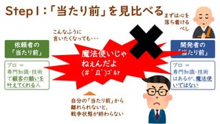 依頼者の
「当たり前」
開発者の
「当たり前」
プロ ＝
専門知識・技術
で顧客の願いを
叶えてくれる人
プロ ＝
専門知識・技術
はあるが、魔法使
いではない
魔法使いじゃ
ねぇんだよ
(# ﾟДﾟ)ｺﾞﾙｧ
まずは心を
落ち着ける
べし
こんなふうに
言いたくなっても・・・
自分の「当たり前」から
離れられないと、
戦争状態が終わらない
Step1：「当たり前」を見比べる
 