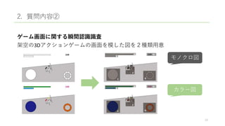 2. 質問内容②
ゲーム画面に関する瞬間認識識査
架空の3Dアクションゲームの画面を模した図を２種類用意
10
モノクロ図
カラー図
 