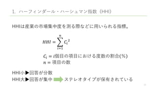1. ハーフィンダール・ハーシュマン指数（HHI）
HHIは産業の市場集中度を測る際などに用いられる指標。
HHI小▶回答が分散
HHI大▶回答が集中 ステレオタイプが保有されている
𝐻𝐻𝐼 =
𝑖=1
𝑛
𝐶𝑖
2
𝐶𝑖 = 𝑖個目の項目における度数の割合 ％
𝑛 = 項目の数
13
 