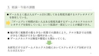 3. 結論・今後の課題
 ゲームをよく遊ぶ人はゲームUIに関してある程度共通するステレオタイプ
を保有している。
「ゲームプレイ時間が長い人はある程度共通するゲームメカニクスのステ
レオタイプを保有している」という仮説が一部正しいことが確認できた。
26
 幅が狭く被験者の数も少ない状態での調査により、クロス集計では母数
が少なく検討ができない箇所があった。
 ゲームメカニクスは触覚や聴覚にも関わってくる。
本研究だけではゲームメカニクス全般においてステレオタイプ分析ができ
たとは言えない
 