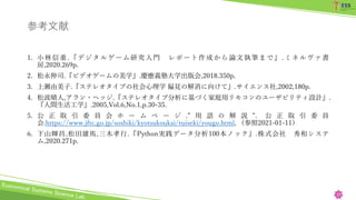 参考文献
1. 小林信重.『デジタルゲーム研究入門 レポート作成から論文執筆まで』.ミネルヴァ書
房,2020.269p.
2. 松永伸司.『ビデオゲームの美学』.慶應義塾大学出版会,2018.350p.
3. 上瀬由美子.『ステレオタイプの社会心理学 偏見の解消に向けて』.サイエンス社,2002,180p.
4. 松波晴人,アラン・ヘッジ.『ステレオタイプ分析に基づく家庭用リモコンのユーザビリティ設計』.
『人間生活工学』.2005,Vol.6,No.1,p.30-35.
5. 公 正 取 引 委 員 会 ホ ー ム ペ ー ジ .” 用 語 の 解 説 ”. 公 正 取 引 委 員
会.https://www.jftc.go.jp/soshiki/kyotsukoukai/ruiseki/yougo.html, （参照2021-01-11）
6. 下山輝昌,松田雄馬,三木孝行.『Python実践データ分析100本ノック』.株式会社 秀和システ
ム,2020.271p.
27
 