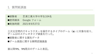 被験者 芝浦工業大学の学生104名
使用媒体 Google フォーム
実施時期 2021年9月27日
三次元空間内でキャラクターを操作するタイプのゲーム（※）に対象を絞り、
ゲームUIのステレオタイプ調査を行った。
被験者に関する属性データ
ゲーム画面に関する瞬間認識識査
※以降TPS、TPS視点のゲームと表記。
1. 質問紙調査
8
 