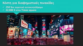 Κόστη για διαφημιστικές πινακίδες
 250 $σε αγροτικό αυτοκινητόδρομο
 22,000 $ στην Times square
 