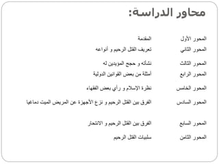‫الدراسة‬ ‫محاور‬
:
‫األول‬ ‫المحور‬
‫المقدمة‬
‫الثاني‬ ‫المحور‬
‫أنواعه‬ ‫و‬ ‫الرحيم‬ ‫القتل‬ ‫تعريف‬
‫الثالث‬ ‫المحور‬
‫له‬ ‫المؤيدين‬ ‫حجج‬ ‫و‬ ‫نشأته‬
‫الرابع‬ ‫المحور‬
‫الدولية‬ ‫القوانين‬ ‫بعض‬ ‫من‬ ‫أمثلة‬
‫الخامس‬ ‫المحور‬
‫الفقهاء‬ ‫بعض‬ ‫رأي‬ ‫و‬ ‫اإلسالم‬ ‫نظرة‬
‫السادس‬ ‫المحور‬
‫دماغي‬ ‫الميت‬ ‫المريض‬ ‫عن‬ ‫األجهزة‬ ‫نزع‬ ‫و‬ ‫الرحيم‬ ‫القتل‬ ‫بين‬ ‫الفرق‬
‫ا‬
‫السابع‬ ‫المحور‬
‫االنتحار‬ ‫و‬ ‫الرحيم‬ ‫القتل‬ ‫بين‬ ‫الفرق‬
‫الثامن‬ ‫المحور‬
‫الرحيم‬ ‫القتل‬ ‫سلبيات‬
 