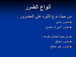 ‫الضرر‬ ‫أنواع‬
‫المضرور‬ ‫على‬ ‫تأثيره‬ ‫نوع‬ ‫حيث‬ ‫من‬
:

‫مادي‬ ‫ضرر‬

‫معنوي‬ ‫أو‬ ‫أدبي‬ ‫ضرر‬

‫وقوعه‬ ‫احتمال‬ ‫حيث‬ ‫من‬
:

‫متوقع‬ ‫ضرر‬

‫متوقع‬ ‫غير‬ ‫ضرر‬
 