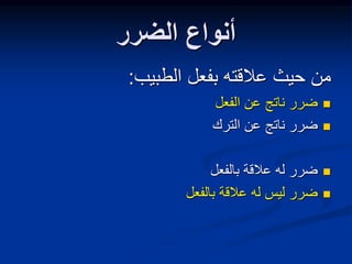 ‫الضرر‬ ‫أنواع‬
‫الطبيب‬ ‫بفعل‬ ‫عالقته‬ ‫حيث‬ ‫من‬
:

‫الفعل‬ ‫عن‬ ‫ناتج‬ ‫ضرر‬

‫الترك‬ ‫عن‬ ‫ناتج‬ ‫ضرر‬

‫بالفعل‬ ‫عالقة‬ ‫له‬ ‫ضرر‬

‫بالفعل‬ ‫عالقة‬ ‫له‬ ‫ليس‬ ‫ضرر‬
 