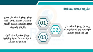 ‫للمناقشة‬ ‫ة‬ ‫اللا‬ ‫الشروط‬
:
‫جميع‬ ‫على‬ ‫اللطاا‬ ‫قع‬ ‫قع‬ ‫ي‬
‫ذلك‬ ‫لت‬ ‫بما‬ ‫اللطاا‬ ‫ستندات‬
‫سلار‬ ‫ا‬ ‫وكتابة‬ ‫سلار‬ ‫با‬ ‫جداول‬
‫والحروف‬ ‫رقاإ‬ ‫با‬
. ‫داخل‬ ‫اللطاا‬ ‫ضع‬ ‫ي‬ ‫م‬ ‫يلب‬
‫علي‬ ‫قع‬ ‫مو‬ ‫إ‬ ‫خت‬ ‫و‬ ‫ظرف‬
‫اللطاا‬ ‫قدإ‬ ‫قبل‬ ‫ن‬
.
‫ك‬ ‫اللطاا‬ ‫قدإ‬ ‫ضع‬ ‫ي‬
‫مجنبي‬ ‫مو‬ ‫حليا‬ ‫شنلة‬ ‫اد‬ ‫الم‬
‫ا‬
‫المنش‬ ‫بلد‬ ‫ذكر‬ ‫ع‬
.
02
03
01
 