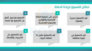 ‫الحفظ‬ ‫لزيادة‬ ‫للتسميع‬ ‫نصائح‬
:
1
2
3
4
5
6
‫تحريري‬ ‫بالتسميع‬ ‫قم‬
ً‫ا‬
ً‫ا‬‫وشفوي‬
.
‫النقاط‬ ‫تسميع‬ ‫على‬ ‫احرص‬
‫والقوانين‬ ‫األساسية‬
‫التوضيحية‬ ‫والرسوم‬
.
‫أفضل‬ ‫زميل‬ ‫مع‬ ‫التسميع‬
‫نفسك‬ ‫مع‬ ‫التسميع‬ ‫من‬
.
‫في‬ ‫بالتسميع‬ ‫قم‬
‫مناقشة‬ ‫صورة‬
.
‫ما‬ ‫بشرح‬ ‫بالتسميع‬ ‫قم‬
‫لغيرك‬ ‫حفظته‬
.
‫بحل‬ ‫بالتسميع‬ ‫قم‬
‫واألسئلة‬ ‫التدريبات‬
.
 
