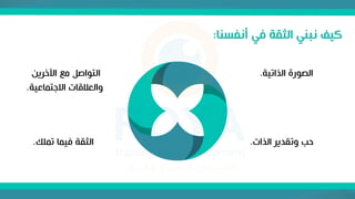 ‫أنفسنا‬ ‫في‬ ‫الثقة‬ ‫نبني‬ ‫كيف‬
:
‫تملك‬ ‫فيما‬ ‫الثقة‬
.
‫اآلخرين‬ ‫مع‬ ‫التواصل‬
‫االجتماعية‬ ‫والعالقات‬
.
‫الذاتية‬ ‫الصورة‬
.
‫الذات‬ ‫وتقدير‬ ‫حب‬
.
 