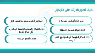 ‫التركيز‬ ‫على‬ ‫قدرتك‬ ‫تطور‬ ‫كيف‬
:
‫للمذاكرة‬ ً‫ا‬‫مناسب‬ ً‫ا‬‫مكان‬ ‫تخير‬
‫األسئلة‬ ‫تسلسل‬ ‫طريقة‬ ‫اتبع‬
‫الذي‬ ‫الموضوع‬ ‫في‬ ‫الرئيسة‬ ‫األفكار‬ ‫حدد‬
‫تدرسه‬
‫الملل‬ ‫لتجنب‬ ‫متنوعة‬ ‫أنشطة‬ ‫استخدم‬
‫الدرس‬ ‫في‬ ‫الرئيسة‬ ‫والمعاني‬ ‫األفكار‬ ‫دون‬
‫نقاط‬ ‫شكل‬ ‫على‬
‫الرئيسة‬ ‫األفكار‬ ‫تذكر‬
 