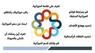 ‫الميزاهي‬ ‫قأئم‬ ‫لىا‬ ‫تإيف‬
.
‫قوائم‬ ‫بمياجإ‬ ‫قم‬
‫الىأبق‬ ‫الميزاهي‬
.
‫الياسمألي‬ ‫النفقأت‬ ‫تحديد‬
.
‫الميزاهي‬ ‫قىم‬ ‫بنهشأء‬ ‫قم‬
.
‫ال‬ ‫يمكنك‬ ‫اين‬ ‫تإيف‬
‫بألميوه‬ ‫تاحىا‬
.
‫الميزاهي‬ ‫دلم‬ ‫لن‬ ‫ابحث‬
.
‫بأهاظأم‬ ‫ميزاهياك‬ ‫راقب‬
.
‫األصداف‬ ‫ووضع‬ ‫تحديد‬
.
 