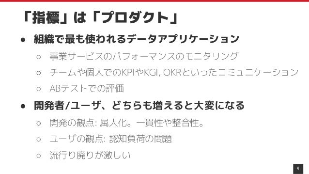 「指標」は「プロダクト」
● 組織で最も使われるデータアプリケーション
○ 事業サービスのパフォーマンスのモニタリング
○ チームや個人でのKPIやKGI, OKRといったコミュニケーション
○ ABテストでの評価
● 開発者/ユーザ、どちらも増えると大変になる
○ 開発の観点: 属人化。一貫性や整合性。
○ ユーザの観点: 認知負荷の問題
○ 流行り廃りが激しい
4
 
