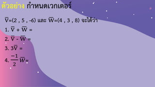 ตัวอย่าง ก้าหนดเวกเตอร์
ത
v=(2 , 5 , -6) และ ഥ
w=(4 , 3 , 8) จะได้ว่า
1. ത
v + ഥ
w =
2. ത
v - ഥ
w =
3. 3ത
v =
4.
−1
2
ഥ
𝑤=
 