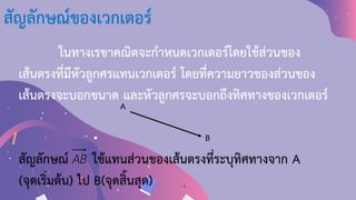 สัญลักษณ์ของเวกเตอร์
ในทางเรขาคณิตจะก้าหนดเวกเตอร์โดยใช้ส่วนของ
เส้นตรงที่มีหัวลูกศรแทนเวกเตอร์ โดยที่ความยาวของส่วนของ
เส้นตรงจะบอกขนาด และหัวลูกศรจะบอกถึงทิศทางของเวกเตอร์
สัญลักษณ์ ใช้แทนส่วนของเส้นตรงที่ระบุทิศทางจาก A
(จุดเริ่มต้น) ไป B(จุดสิ้นสุด)
A
B
AB
 