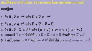 สมบัติของการด้าเนินการของเวกเตอร์และนอร์มของเวกเตอร์
ทฤษฎีบท
1. ถ้า ത
u , ത
v  𝑅𝟐
แล้ว ത
u + ത
v  𝑅𝟐
2. ถ้า ത
u , ത
v  𝑅𝟐 แล้ว ത
u + ത
v = ത
v + ത
u
3. ถ้า ത
u , ത
v , ഥ
w  𝑅𝟐 แล้ว (ത
u + ത
v) + ഥ
w = ത
v +( ത
u + ഥ
w)
4. เวกเตอร์ ที่ท้าให้ ส้าหรับทุก
5. ส้าหรับแต่ละ จะมี ซึ่งท้าให้
2
0 R
 0 0
u u u
+ = + =
2
R
u 
2
R
u  2
R
u
−  ( ( 0
)
u u u u
+ − = − + =
 