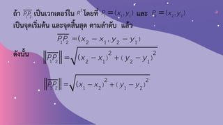 ถ้า เป็นเวกเตอร์ใน โดยที่ และ
เป็นจุดเริ่มต้น และจุดสิ้นสุด ตามล้าดับ แล้ว
1 1 1
, )
(
P x y
=
1 2 2 1 2 1
, )
(
PP x x y y
− −
=
1 2
PP
2
R 2 2 2
, )
(
P x y
=
ดังนั้น
1 2 2 1 2 1
2 2
) ( )
(
PP x x y y
− + −
=
1 2 1 2 1 2
2 2
) ( )
(
PP x x y y
− + −
=
 