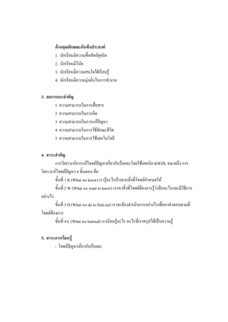 ด้านคุณลักษณะอันพึงประสงค์
1. นักเรียนมีความซื่อสัตย์สุจริต
2. นักเรียนมีวินัย
3. นักเรียนมีความสนใจใฝ่เรียนรู้
4. นักเรียนมีความมุ่งมั่นในการทางาน
3. สมรรถนะสาคัญ
1 ความสามารถในการสื่อสาร
2 ความสามารถในการคิด
3 ความสามารถในการแก้ปัญหา
4 ความสามารถในการใช้ทักษะชีวิต
5 ความสามารถในการใช้เทคโนโลยี
4. สาระสาคัญ
การวิเคราะห์การแก้โจทย์ปัญหาเกี่ยวกับร้อยละโดยใช้เทคนิค KWDL หมายถึง การ
วิเคราะห์โจทย์ปัญหา 4 ขั้นตอน คือ
ขั้นที่ 1 K (What we know) เรารู้อะไรบ้างจากสิ่งที่โจทย์กาหนดให้
ขั้นที่ 2 W (What we want to know) เราหาสิ่งที่โจทย์ต้องการรู้ว่าคืออะไรและมีวิธีการ
อย่างไร
ขั้นที่ 3 D (What we do to find out) เราจะต้องดาเนินการอย่างไรเพื่อหาคาตอบตามที่
โจทย์ต้องการ
ขั้นที่ 4 L (What we learned) เราเรียนรู้อะไร อะไรที่เราสรุปได้เป็นความรู้
5. สาระการเรียนรู้
- โจทย์ปัญหาเกี่ยวกับร้อยละ
 