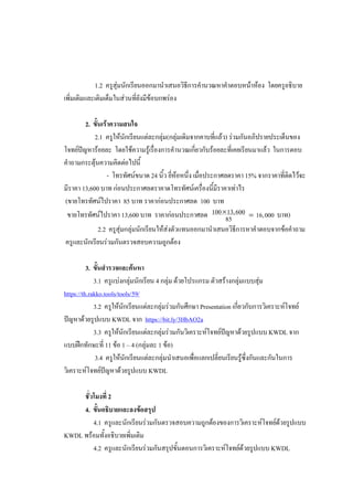 1.2 ครูสุ่มนักเรียนออกมานาเสนอวิธีการคานวณหาคาตอบหน้าห้อง โดยครูอธิบาย
เพิ่มเติมและเติมเต็มในส่วนที่ยังมีข้อบกพร่อง
2. ขั้นเร้าความสนใจ
2.1 ครูให้นักเรียนแต่ละกลุ่ม(กลุ่มเดิมจากคาบที่แล้ว) ร่วมกันอภิปรายประเด็นของ
โจทย์ปัญหาร้อยละ โดยใช้ความรู้เรื่องการคานวณเกี่ยวกับร้อยละที่เคยเรียนมาแล้ว ในการตอบ
คาถามกระตุ้นความคิดต่อไปนี้
- โทรทัศน์ขนาด 24 นิ้ว ยี่ห้อหนึ่ง เมื่อประกาศลดราคา 15% จากราคาที่ติดไว้จะ
มีราคา 13,600 บาท ก่อนประกาศลดราคาดโทรทัศน์เครื่องนี้มีราคาเท่าไร
(ขายโทรทัศน์ไปราคา 85 บาท ราคาก่อนประกาศลด 100 บาท
ขายโทรทัศน์ไปราคา 13,600 บาท ราคาก่อนประกาศลด 100 13,600 16,000
85
 = บาท)
2.2 ครูสุ่มกลุ่มนักเรียนให้ส่งตัวแทนออกมานาเสนอวิธีการหาคาตอบจากข้อคาถาม
ครูและนักเรียนร่วมกันตรวจสอบความถูกต้อง
3. ขั้นสารวจและค้นหา
3.1 ครูแบ่งกลุ่มนักเรียน 4 กลุ่ม ด้วยโปรแกรม ตัวสร้างกลุ่มแบบสุ่ม
https://th.rakko.tools/tools/59/
3.2 ครูให้นักเรียนแต่ละกลุ่มร่วมกันศึกษา Presentation เกี่ยวกับการวิเคราะห์โจทย์
ปัญหาด้วยรูปแบบ KWDL จาก https://bit.ly/3HbAO2a
3.3 ครูให้นักเรียนแต่ละกลุ่มร่วมกันวิเคราะห์โจทย์ปัญหาด้วยรูปแบบ KWDL จาก
แบบฝึกทักษะที่ 11 ข้อ 1 – 4 (กลุ่มละ 1 ข้อ)
3.4 ครูให้นักเรียนแต่ละกลุ่มนาเสนอเพื่อแลกเปลี่ยนเรียนรู้ซึ่งกันและกันในการ
วิเคราะห์โจทย์ปัญหาด้วยรูปแบบ KWDL
ชั่วโมงที่ 2
4. ขั้นอธิบายและลงข้อสรุป
4.1 ครูและนักเรียนร่วมกันตรวจสอบความถูกต้องของการวิเคราะห์โจทย์ด้วยรูปแบบ
KWDL พร้อมทั้งอธิบายเพิ่มเติม
4.2 ครูและนักเรียนร่วมกันสรุปขั้นตอนการวิเคราะห์โจทย์ด้วยรูปแบบ KWDL
 