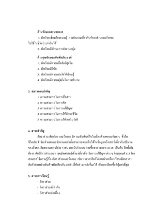 ด้านทักษะกระบวนการ
1. นักเรียนเชื่อมโยงความรู้ การคานวณเกี่ยวกับอัตราส่วนและร้อยละ
ไปใช้ในชีวิตประจาวันได้
2. นักเรียนมีทักษะการทางานกลุ่ม
ด้านคุณลักษณะอันพึงประสงค์
1. นักเรียนมีความซื่อสัตย์สุจริต
2. นักเรียนมีวินัย
3. นักเรียนมีความสนใจใฝ่เรียนรู้
4. นักเรียนมีความมุ่งมั่นในการทางาน
3. สมรรถนะสาคัญ
1 ความสามารถในการสื่อสาร
2 ความสามารถในการคิด
3 ความสามารถในการแก้ปัญหา
4 ความสามารถในการใช้ทักษะชีวิต
5 ความสามารถในการใช้เทคโนโลยี
4. สาระสาคัญ
อัตราส่วน สัดส่วน และร้อยละ มีความสัมพันธ์กันในเรื่องตัวเลขและจานวน ซึ่งใน
ชีวิตประจาวัน ตัวเลขและจานวนเหล่านั้นสามารถพบเห็นได้ในข้อมูลหรือสารที่เกี่ยวกับปริมาณ
ของสิ่งของในสถานการณ์ต่าง ๆ เช่น การนับจานวน การซื้อขาย ระยะทาง เวลา เป็นต้น อีกทั้งยัง
ต้องอาศัยวิธีการคานวณทางคณิตศาสตร์เข้ามาเกี่ยวข้องในการแก้ปัญหาต่าง ๆ ที่อยู่รอบตัวเรา โดย
สามารถใช้ความรู้เรื่องอัตราส่วนและร้อยละ เช่น หาราคาสินค้าต่อหน่วยหรือเปรียบเทียบราคา
สินค้าต่อหน่วยสินค้าชนิดเดียวกัน แต่ต่างยี่ห้อต่างแหล่งที่มาได้ เพื่อการเลือกซื้อที่คุ้มค่าที่สุด
5. สาระการเรียนรู้
- อัตราส่วน
- อัตราส่วนที่เท่ากัน
- อัตราส่วนต่อเนื่อง
 