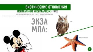 Биотические отношения
Нейтральные (нейтрализм)
Как говорится не имеют друг к другу никакого отношения
Экза
мпл:
Сова
Морская звезда
14
(0/0)
Свертков Данила Алексеевич
 