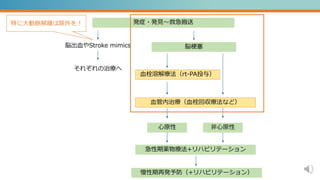 発症・発見～救急搬送
脳梗塞
脳出血やStroke mimics
血栓溶解療法（rt-PA投与）
それぞれの治療へ
血管内治療（血栓回収療法など）
心原性 非心原性
急性期薬物療法+リハビリテーション
慢性期再発予防（+リハビリテーション）
特...
